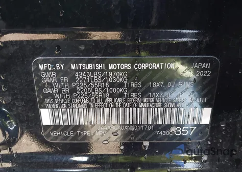 2022 Mitsubishi Outlander Sport 2.0 Se Awc z USA, uszkodzony, nr VIN JA4ARUAUXNU011701